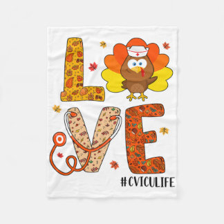 Love Nurse Life Fall Cvicu Nurse Turkey Thanksgivi Fleece Blanket