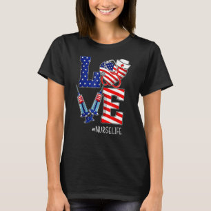 Love Nurse Life Stethoscope Usa Flag Lpn Nurse 4th T-Shirt