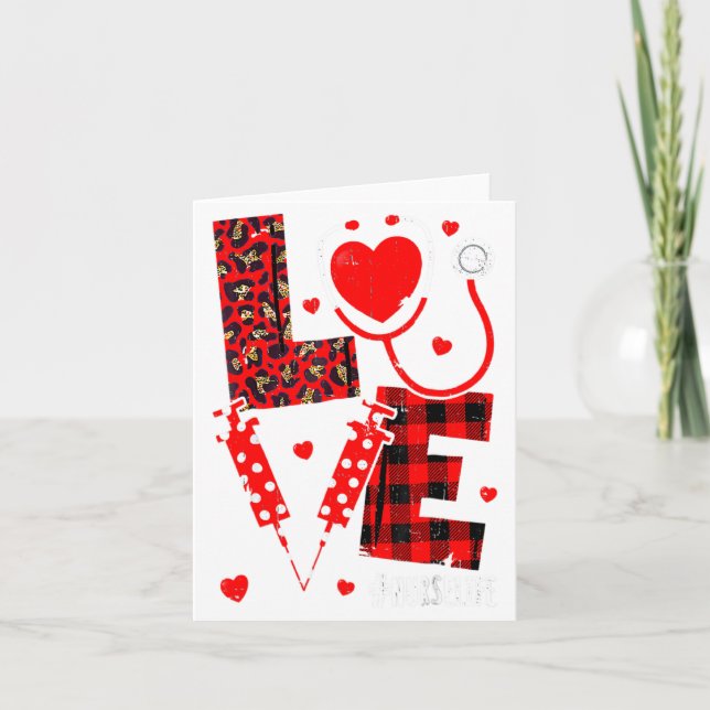 Love Nurse Life Valentine Day Leopard Plaid Red He Card (Front)