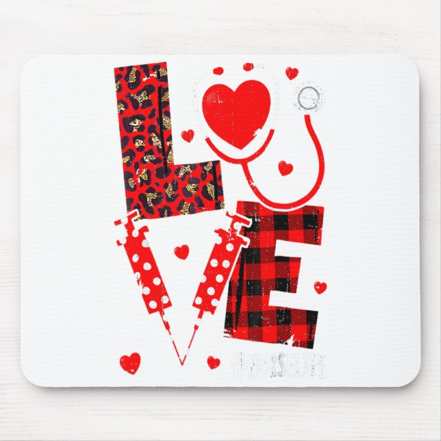 Love Nurse Life Valentine Day Leopard Plaid Red He Mouse Pad (Front)