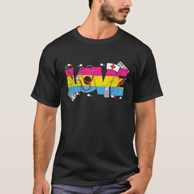 Love Nurse Pansexual LGBT Q Pride Flag RN LPN Nurs T-Shirt (Front)