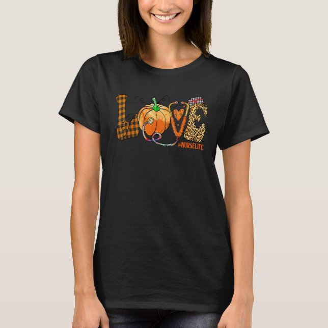Love Nurse Pumpkin Leopard Fall Halloween Thanksgi T-Shirt (Front)