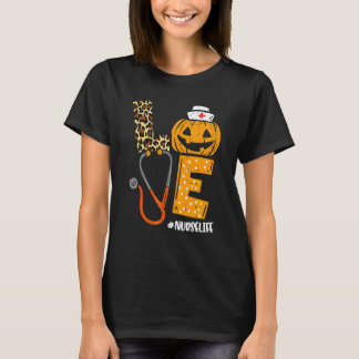 Love Nurse Pumpkin Leopard Fall Halloween Thanksgi T-Shirt