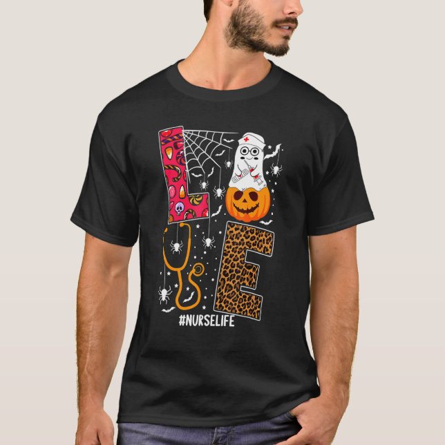 Love Nurse Pumpkin Leopard Fall Halloween Thanksgi T-Shirt (Front)