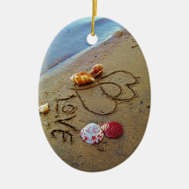 Love on beach w/  hearts ceramic tree decoration (Front)