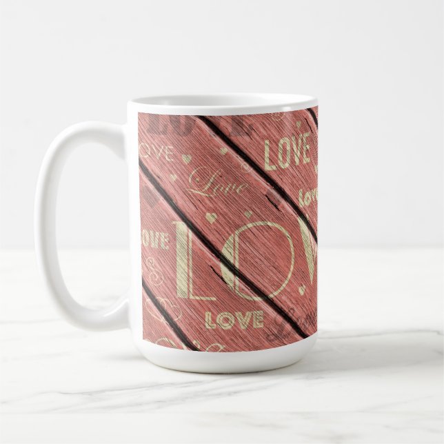 Love on Pink Wood Background Coffee Mug (Left)