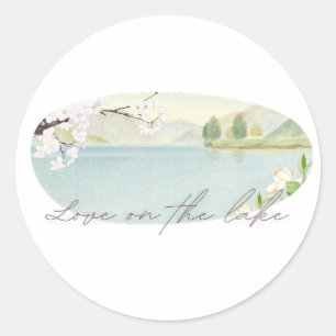 Love on the Lake   Floral Lake Wedding Design   Classic Round Sticker