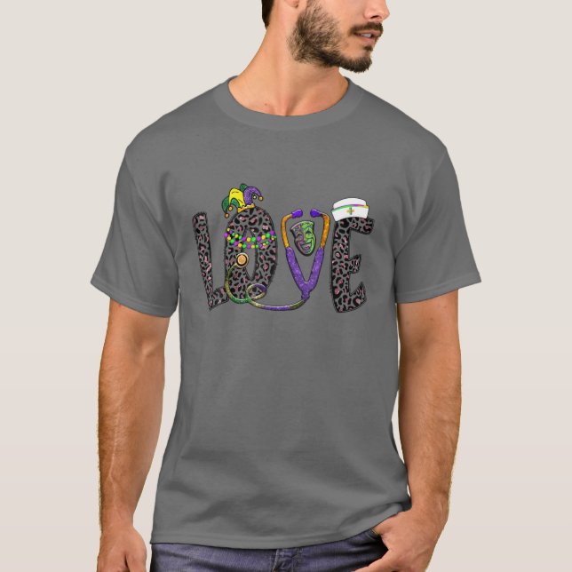 Love Oncology Nurse Leopard Mardi Gras Festival Co T-Shirt (Front)