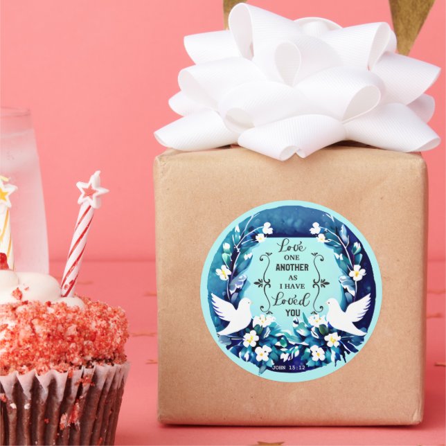 Love One Another Blue and White Doves Classic Round Sticker (Party)