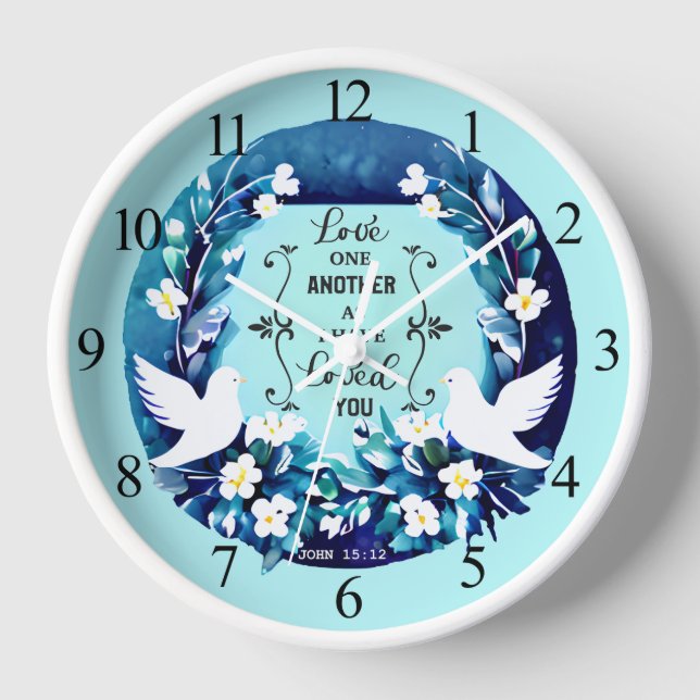 Love One Another Blue and White Doves Clock (Front)