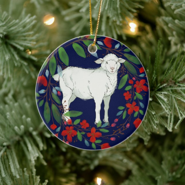 Love One Another | Lamb & Floral Ceramic Ornament (Tree)