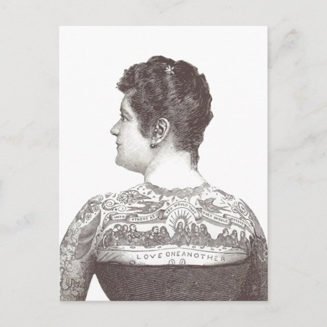 'Love One Another' Tattooed Victorian Woman Postcard (Front)