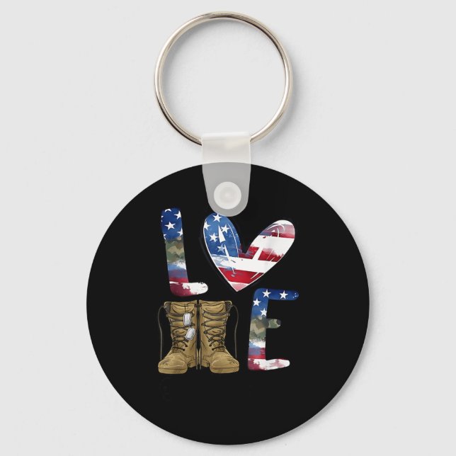 Love Our Veterans Day Proud Military American Flag Key Ring (Front)