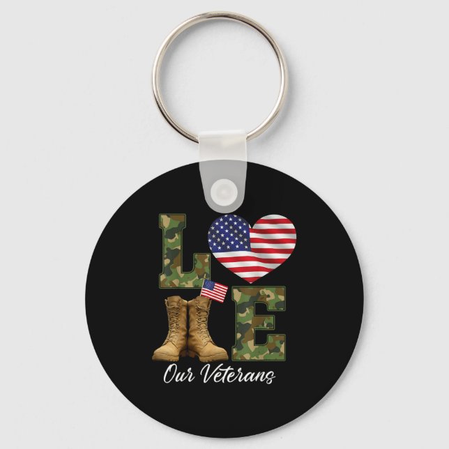 Love Our Veterans Day Proud Military American Flag Key Ring (Front)