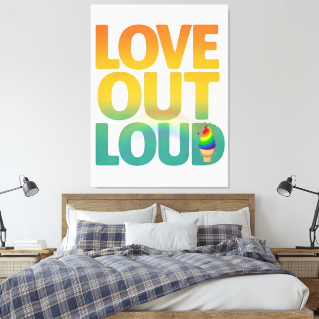 Love Out Loud Retro Pride Typography Design Canvas Print (Insitu(Bedroom))