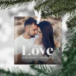 Love Overlay Photo & Names Glass Tree Decoration<br><div class="desc">Create a sweet keepsake of your wedding,  honeymoon or special moment with this beautiful custom ornament. Add a favourite photo with "love" overlaid in classic white lettering,  and your names beneath.</div>