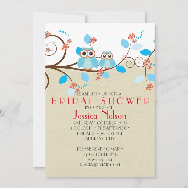 Love Owl Branches Wood Damask Bridal Shower Invitation (Front)