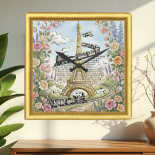 Love Paris Clock, Eiffel Tower, French Art Square Wall Clock