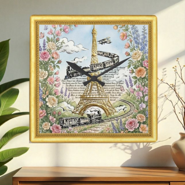 Love Paris Clock, Eiffel Tower, French Art Square Wall Clock (Paris, Eiffel Towel & Dreamy French Art Clock / Romantic)