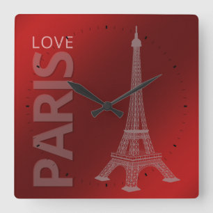 Love Paris Dark Red Background Square Wall Clock