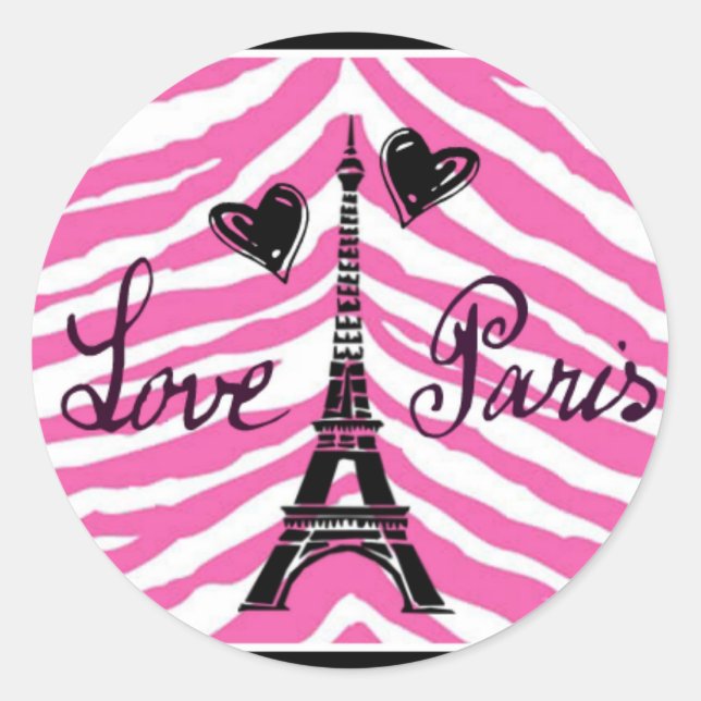 LOVE PARIS PINK ZEBRA EIFFEL TOWER HEART PRINT CLASSIC ROUND STICKER (Front)