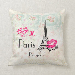 Love Paris with Eiffel Tower on Vintage Pattern Cushion