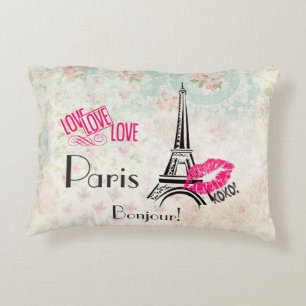 Love Paris with Eiffel Tower on Vintage Pattern Decorative Cushion