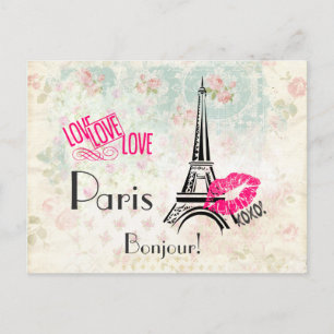 Love Paris with Eiffel Tower on Vintage Pattern Postcard
