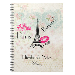 Love Paris with Eiffel Tower on Vintage Pattern Spiral Notebook