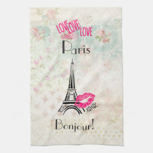 Love Paris with Eiffel Tower on Vintage Pattern Tea Towel
