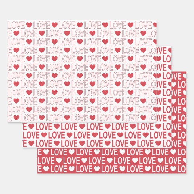 Love Pattern in Red and White Wrapping Paper Sheet (Set)