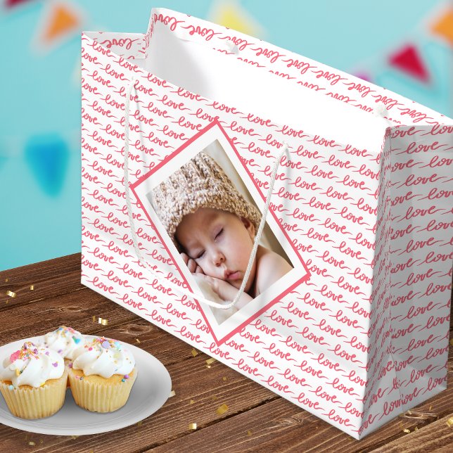 Love Pattern with Two Photos Pink Valentine's Day Large Gift Bag (Creator Uploaded)