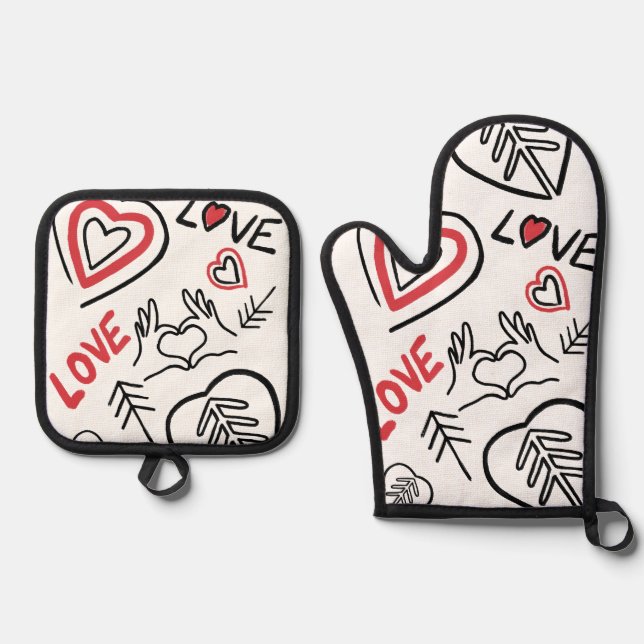 Love Patterns Cooking Manic Oven Mitt & Pot Holder Set (Front)