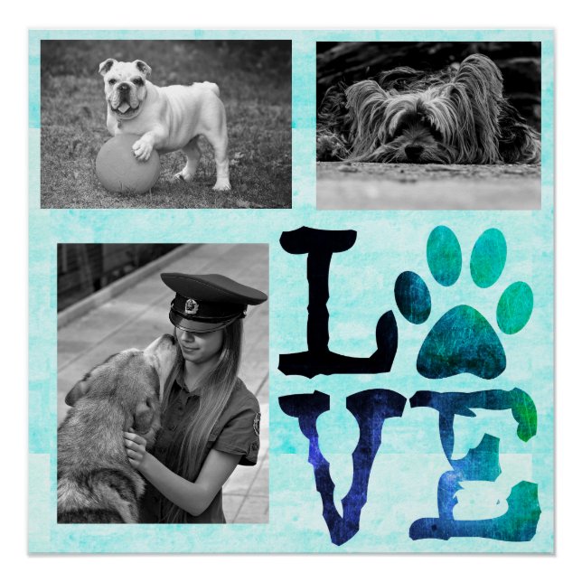 LOVE, Paw Print Personalised Dog Teal Poster (Front)