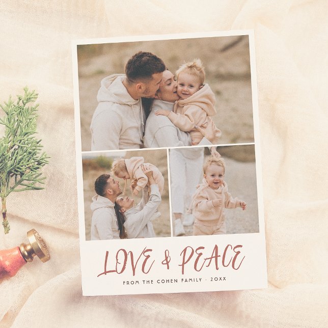Love & Peace 3 Photo Collage Christmas Holiday Card (Creator Uploaded)