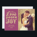 Love Peace and Joy Burgundy Gold Wedding Photo Holiday Card<br><div class="desc">Vintage faux gold foil typography holiday photo card features "Wishing you Love,  Peace and Joy" stylised text,  custom text that can be personalised,  and a floral scroll pattern on the back. Raspberry / burgundy red background colour can be customised to coordinate with your photo.</div>