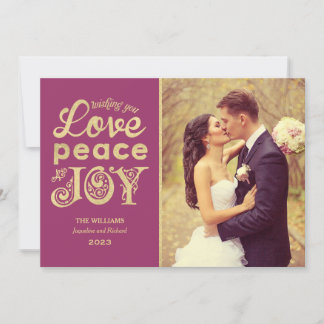 Love Peace and Joy Burgundy Gold Wedding Photo Holiday Card