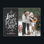 Love Peace and Joy Chalkboard Christmas Photo Holiday Postcard<br><div class="desc">Love,  Peace and Joy. Send holiday wishes to your family and friends with this customizable holiday postcard. It features rustic hand lettering and a faux chalkboard background. This chalkboard Christmas postcard is available in other card styles.</div>