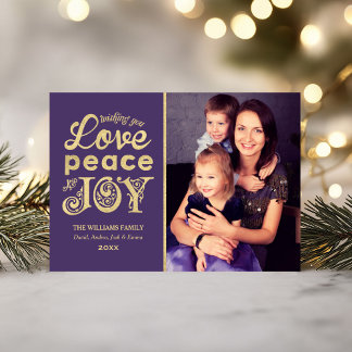 Love Peace and Joy Gold Damask Photo Holiday Card