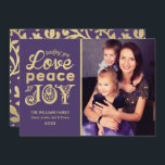 Love Peace and Joy Purple Gold Photo Holiday Card<br><div class="desc">Vintage faux gold foil typography holiday photo card features "Wishing you Love,  Peace and Joy" stylized text,  custom text that can be personalized,  and a floral scroll pattern on the back. Purple / eggplant background color can be customized to coordinate with your photo.</div>