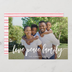 Love Peace Family Modern Brush Script Photo Holiday Card
