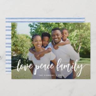 Love Peace Family Modern Brush Script Photo Holiday Card