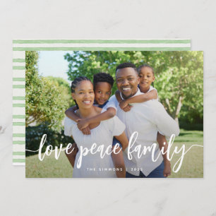 Love Peace Family Modern Brush Script Photo Holiday Card