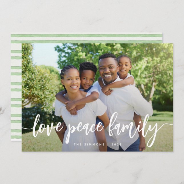 Love Peace Family Modern Brush Script Photo Holiday Card (Front/Back)