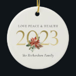 Love Peace Health Poinsettia Bunch Foil Gold 2023  Ceramic Tree Decoration<br><div class="desc">If you need any further customisation please feel free to message me on yellowfebstudio@gmail.com.</div>