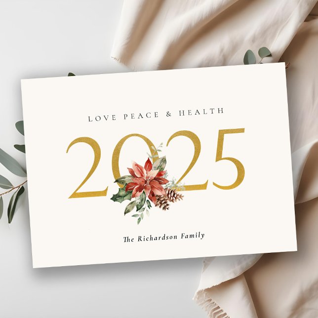 Love Peace Health Poinsettia Bunch Foil Gold 2025  Classic Round Sticker (Creator Uploaded)
