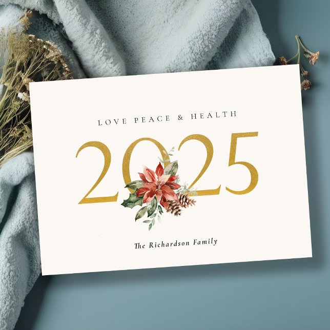 Love Peace Health Poinsettia Bunch Foil Gold 2025 Holiday Card (Creator Uploaded)