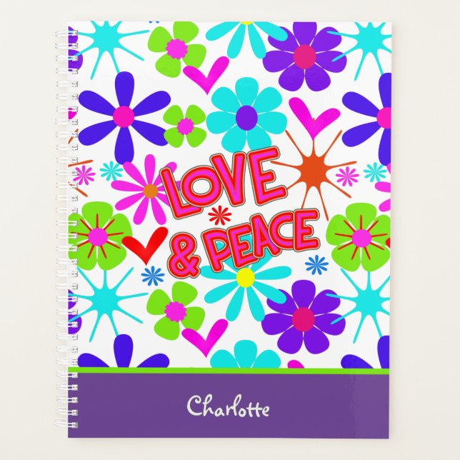 Love & Peace Hippie Flower Power Personalised Planner (Front)