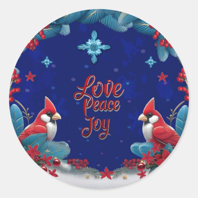Love, Peace, Joy: A Cardinal Christmas Classic Round Sticker (Front)