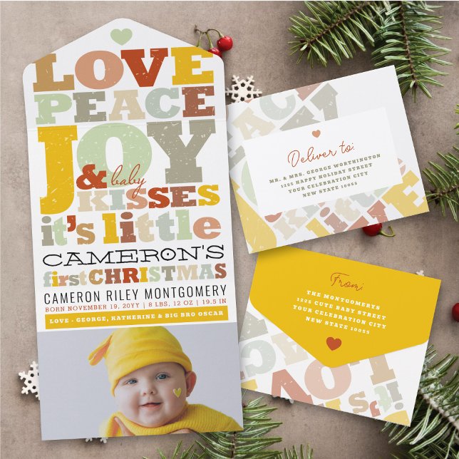 Love Peace Joy & Baby Kisses Photo Holiday Birth All In One Invitation (Creator Uploaded)